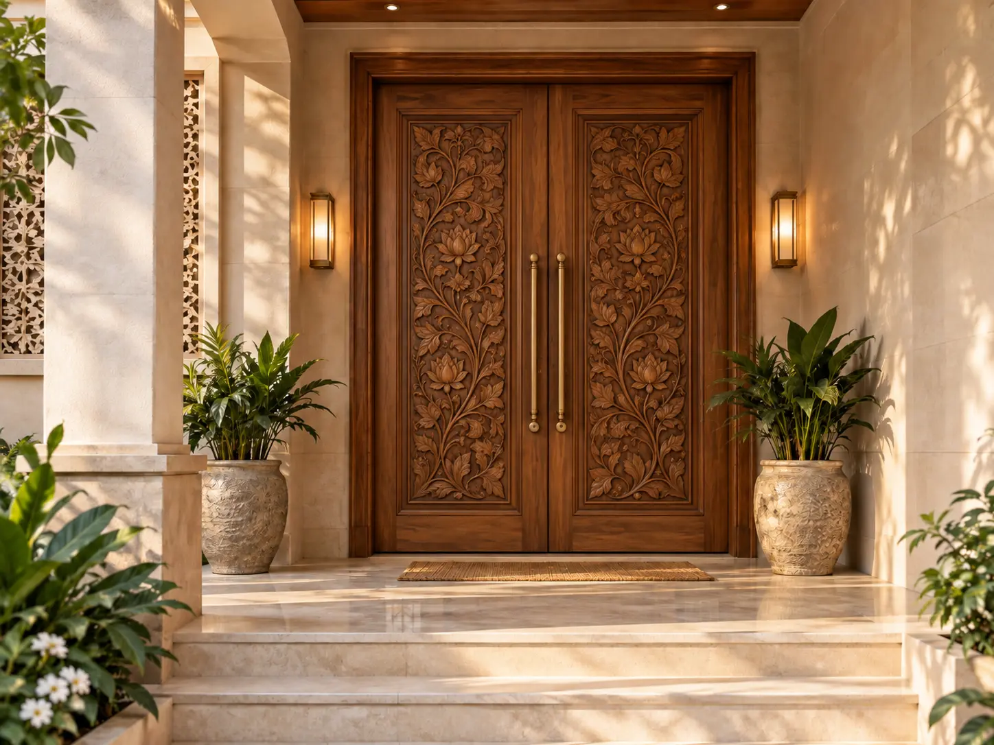 double wooden main entrance door design for Indian villa