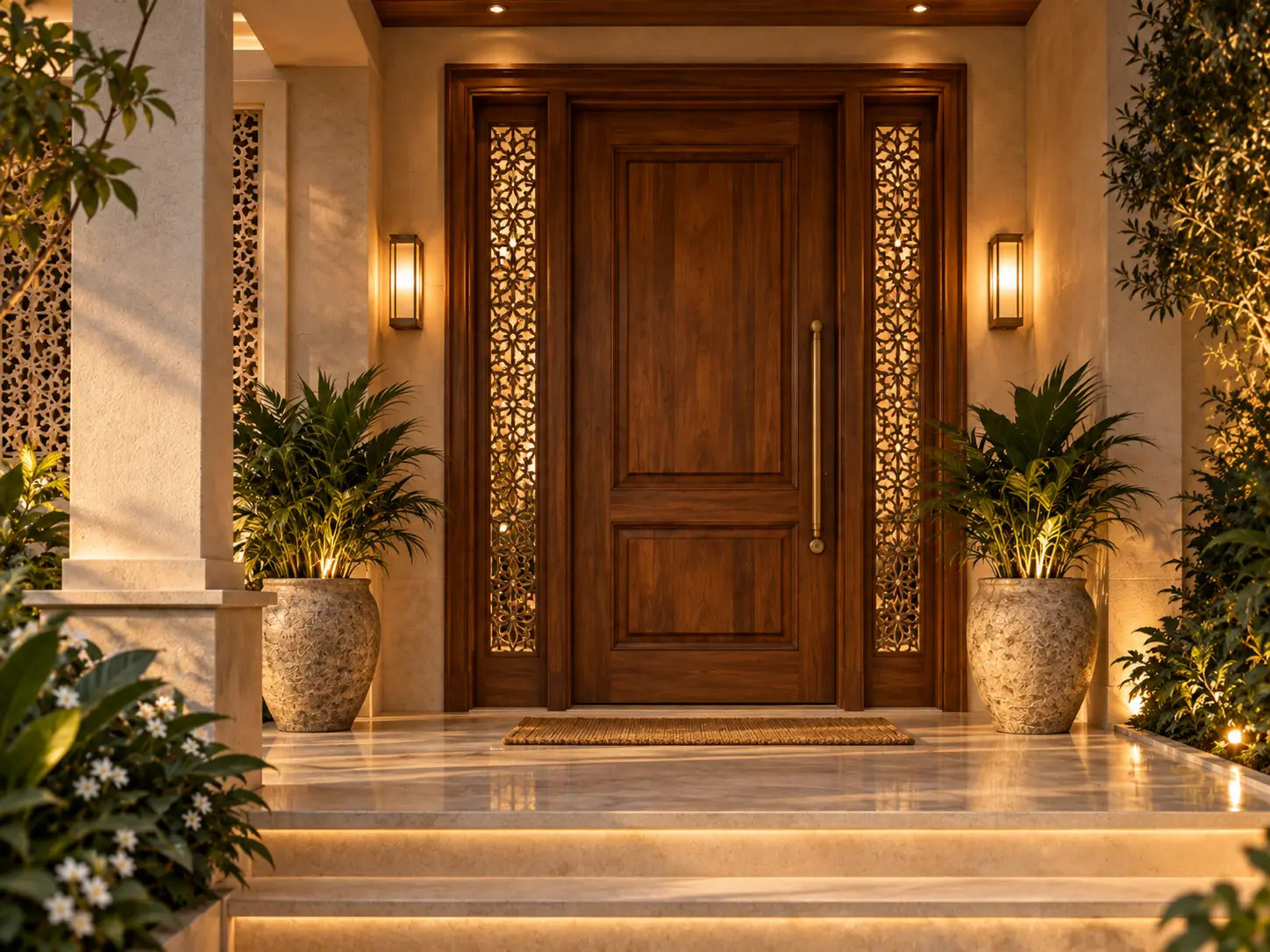 Contemporary linear wooden main door design with vertical detailing