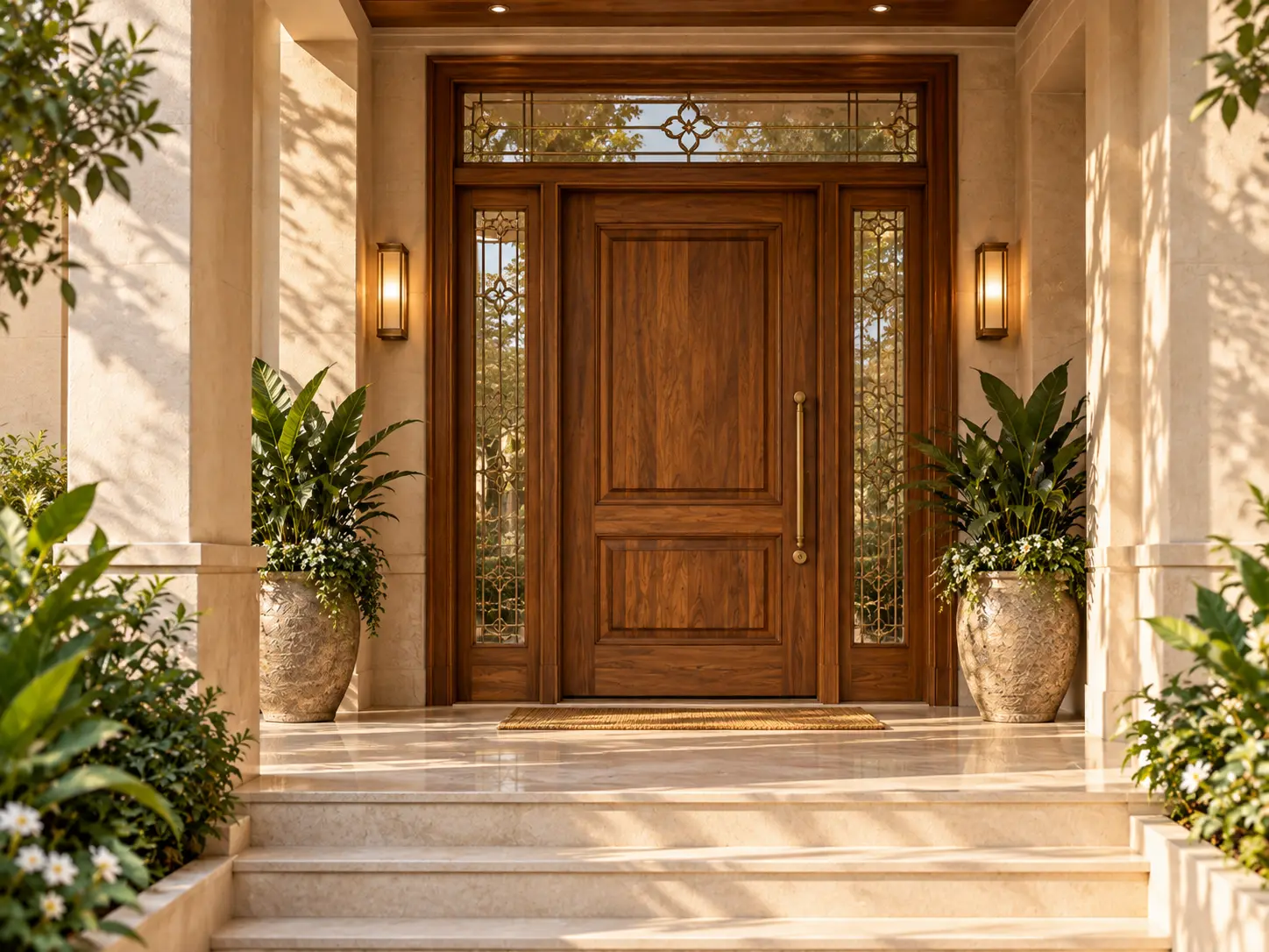 Wooden main entrance door with glass sidelights design