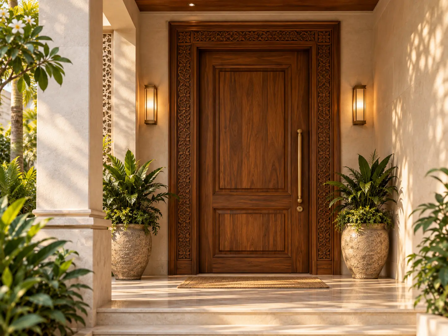 Wooden main door with carved chaukhat design for Indian home